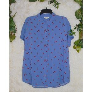 Beach Lunch Lounge | Women's Short Sleeve Button Up Blue Cherries Size Large